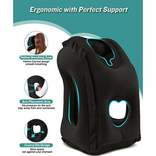 Inflatable Ergonomic Hollow-Cutout Travel Pillow – PVC Flocking, Quick Inflate, With Storage Bag ✨
