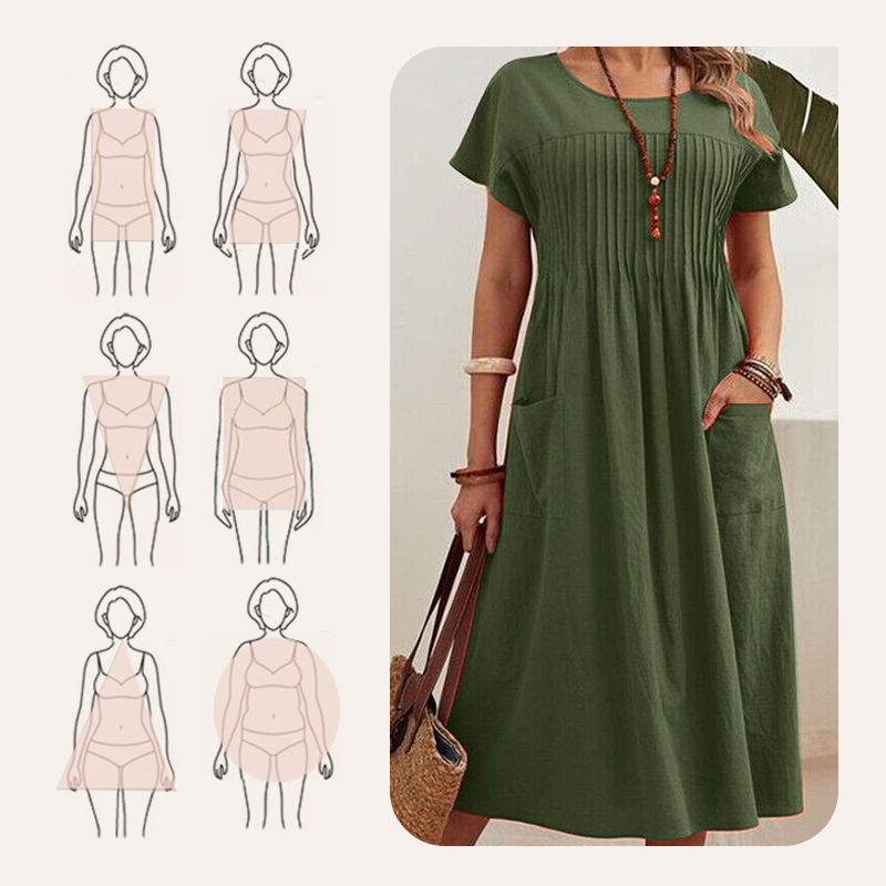 👗 Women’s Pleated Short-Sleeve Dress with Pockets – Soft Cotton-Linen Blend ☀️👜