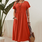 👗 Women’s Pleated Short-Sleeve Dress with Pockets – Soft Cotton-Linen Blend ☀️👜