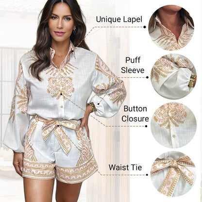 💕Patterned Tie Waist Button Up Shorts Co-ord