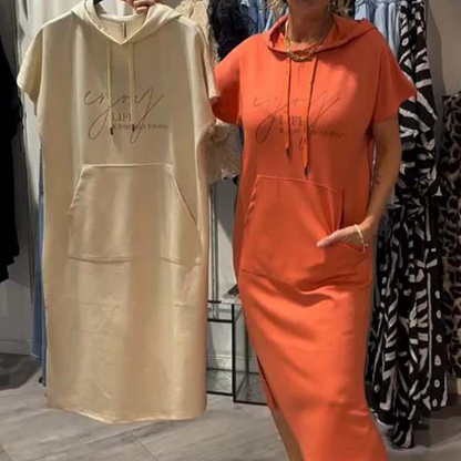 🔥Women’s Solid Short-Sleeve Hooded Long Dress