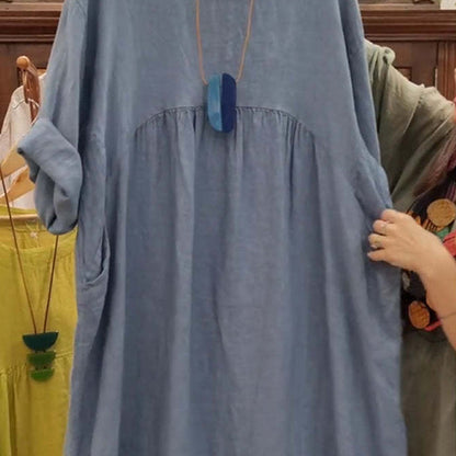💃Women's Casual Loose Round Neck Solid Color Dress with 3/4 Sleeves & Pockets