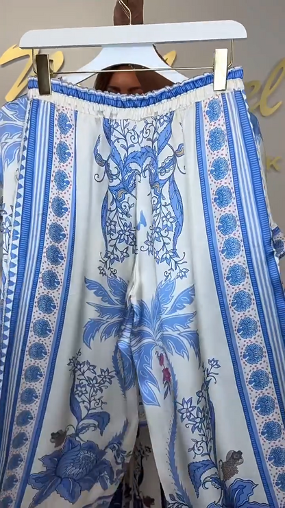 Women’s Elegant Printed V-Neck Tops ＆ Pants 2-Piece Set