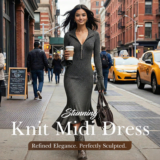 Retro Zipper Neck Trumpet Sleeve Midi Dress