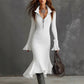 Retro Zipper Neck Trumpet Sleeve Midi Dress