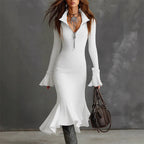 Retro Zipper Neck Trumpet Sleeve Midi Dress