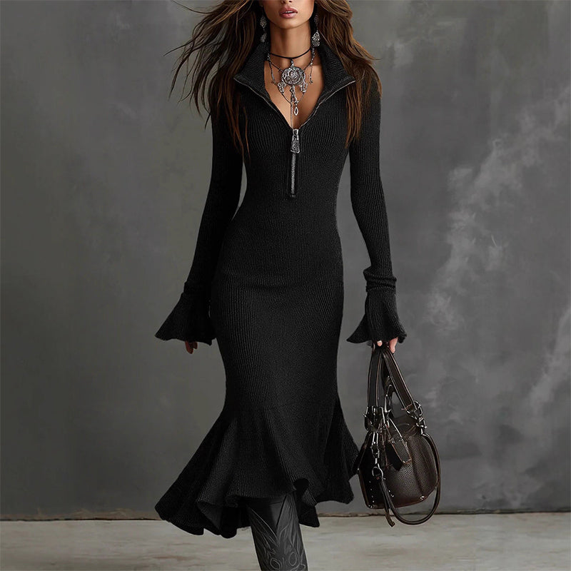 Retro Zipper Neck Trumpet Sleeve Midi Dress