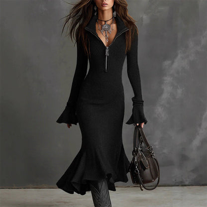 Retro Zipper Neck Trumpet Sleeve Midi Dress
