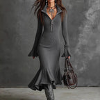 Retro Zipper Neck Trumpet Sleeve Midi Dress