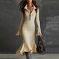 Retro Zipper Neck Trumpet Sleeve Midi Dress