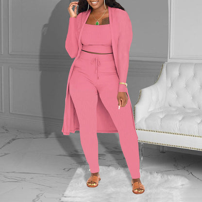 Casual 3-Piece Knit Set – Cropped Top, Cardigan & Pants