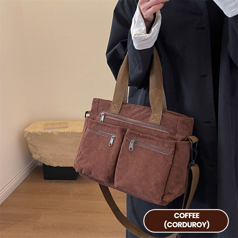 👜✨Vintage Solid Color Shoulder Bag – Retro Collegiate Style, Spacious & Durable Corduroy/Canvas