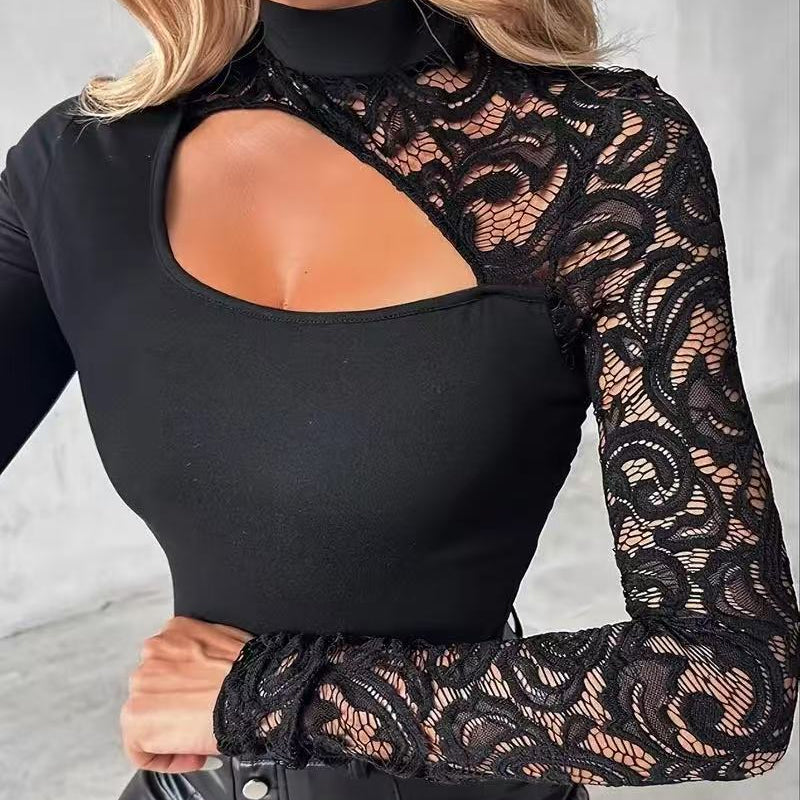 Women's Asymmetrical Cutout Lace Sleeve Top