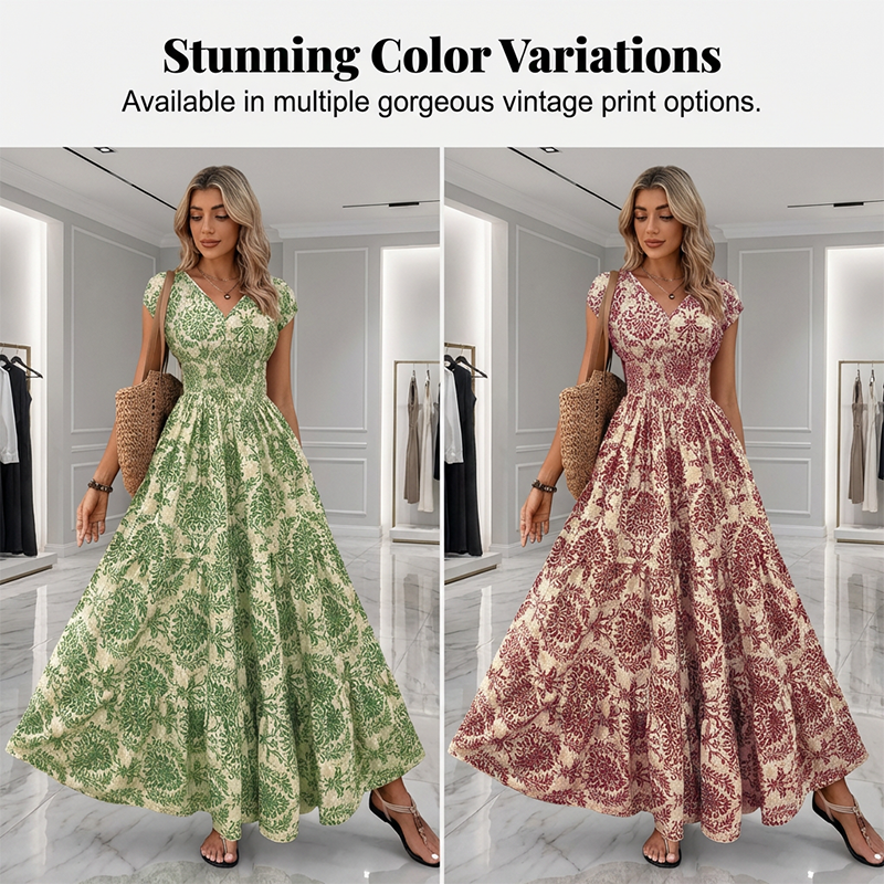 👗 Women's V-Neck Floral Smocked Maxi Dress – Elegant, Bohemian, Lightweight 🦋
