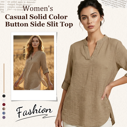 Casual Solid Color Button Side Slit Top