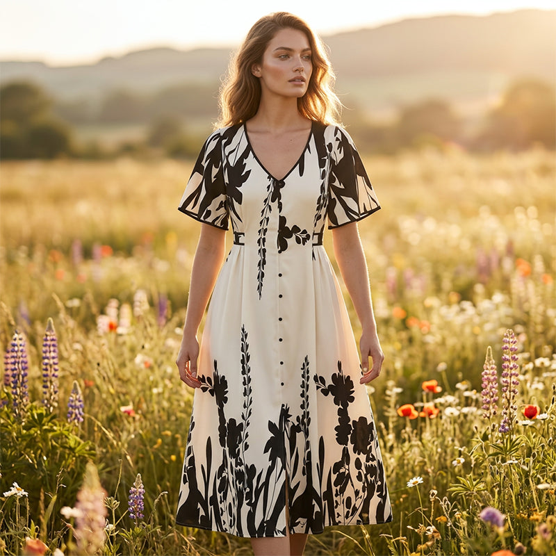 💥Soft Botanical Print V-Neck Midi Dress – Elegant, Lightweight & All-Match