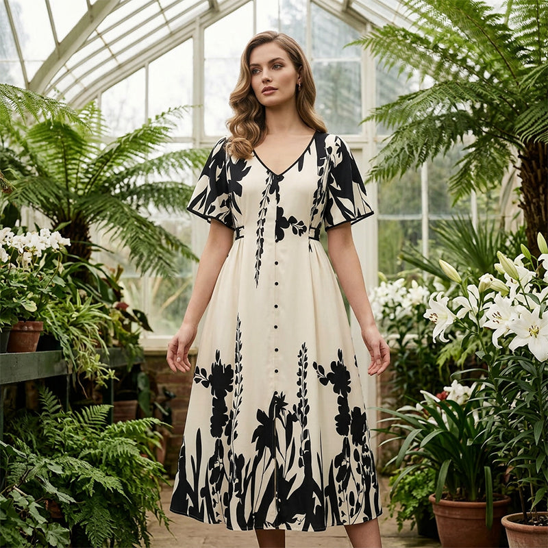 💥Soft Botanical Print V-Neck Midi Dress – Elegant, Lightweight & All-Match