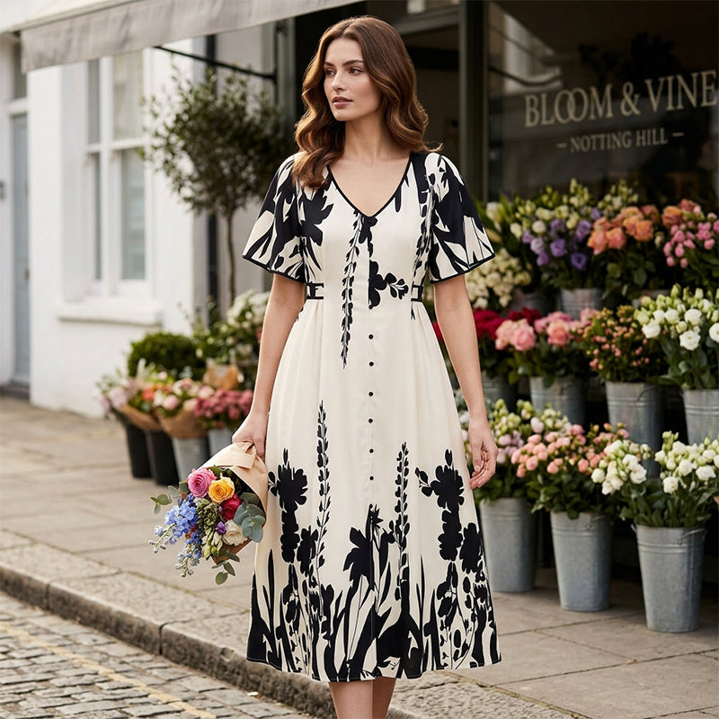 💥Soft Botanical Print V-Neck Midi Dress – Elegant, Lightweight & All-Match