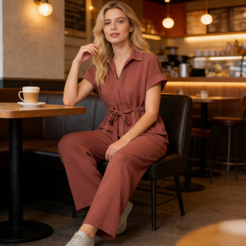 Women's Collared Drawstring Waist Top & Pants Set