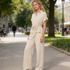 Women's Collared Drawstring Waist Top & Pants Set