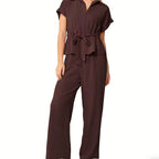Women's Collared Drawstring Waist Top & Pants Set