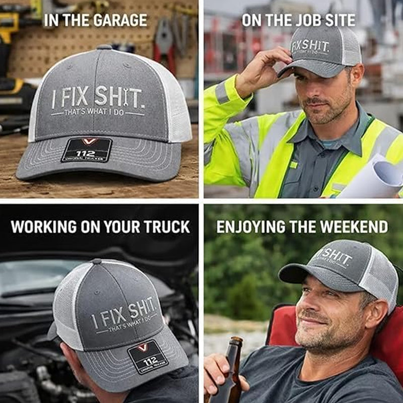 🔥Mesh Back Trucker Cap with "I Fix Shit" Embroidery – Breathable Outdoor Sun Hat🧢☀️