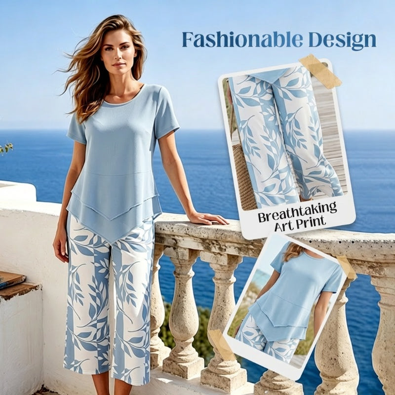 🔥Women's 2-Piece Set – Layered Asymmetrical Tunic Top & Printed Wide Leg Pants, Breathable Polyester ✨