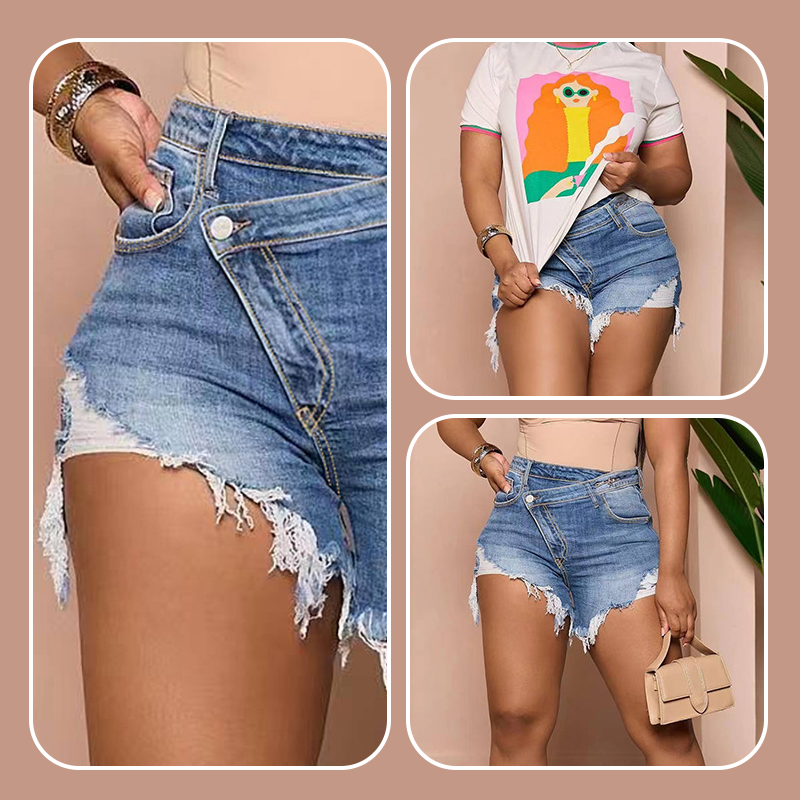 High-Waisted Diagonal-Button Design Raw Edge Ripped Denim Shorts