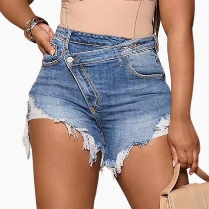 High-Waisted Diagonal-Button Design Raw Edge Ripped Denim Shorts