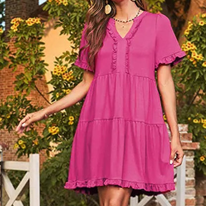Women's Ruffle Trim V-Neck Tiered Dress