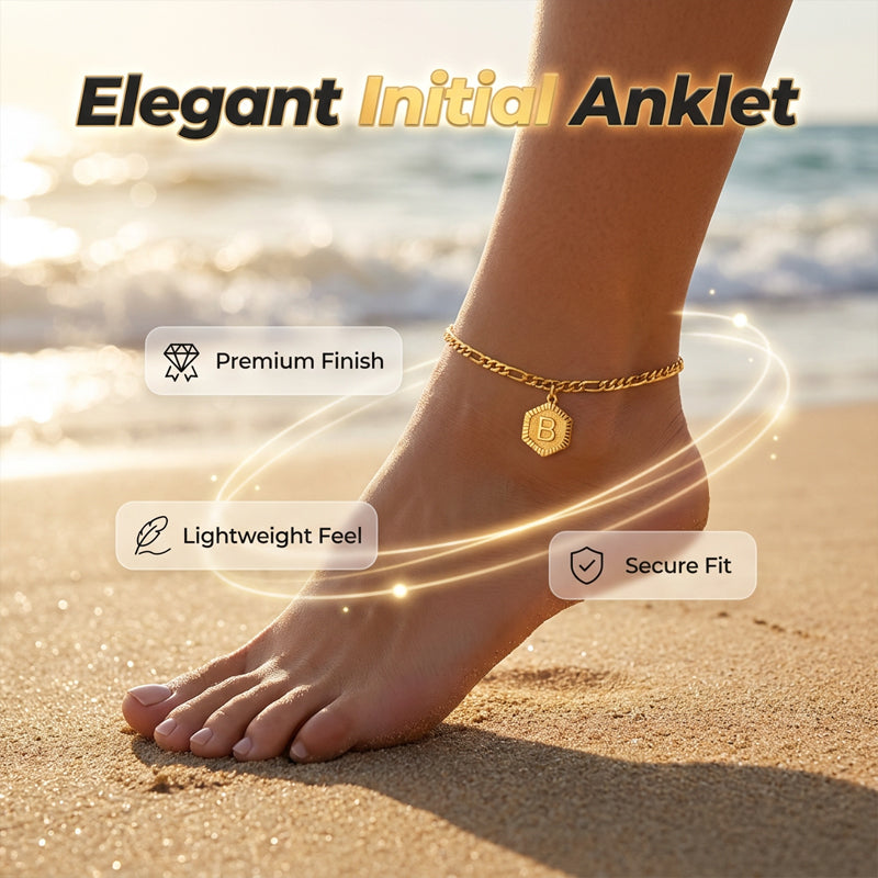 Gold Initial Anklet with Figaro Chain – Personalized letter, tarnish-resistant & adjustable length 👣