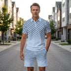 👕 Men's Geometric Print Collared Top & Shorts Set – Modern Pattern & Breathable Coordinated Look 🔷