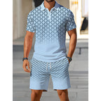 👕 Men's Geometric Print Collared Top & Shorts Set – Modern Pattern & Breathable Coordinated Look 🔷