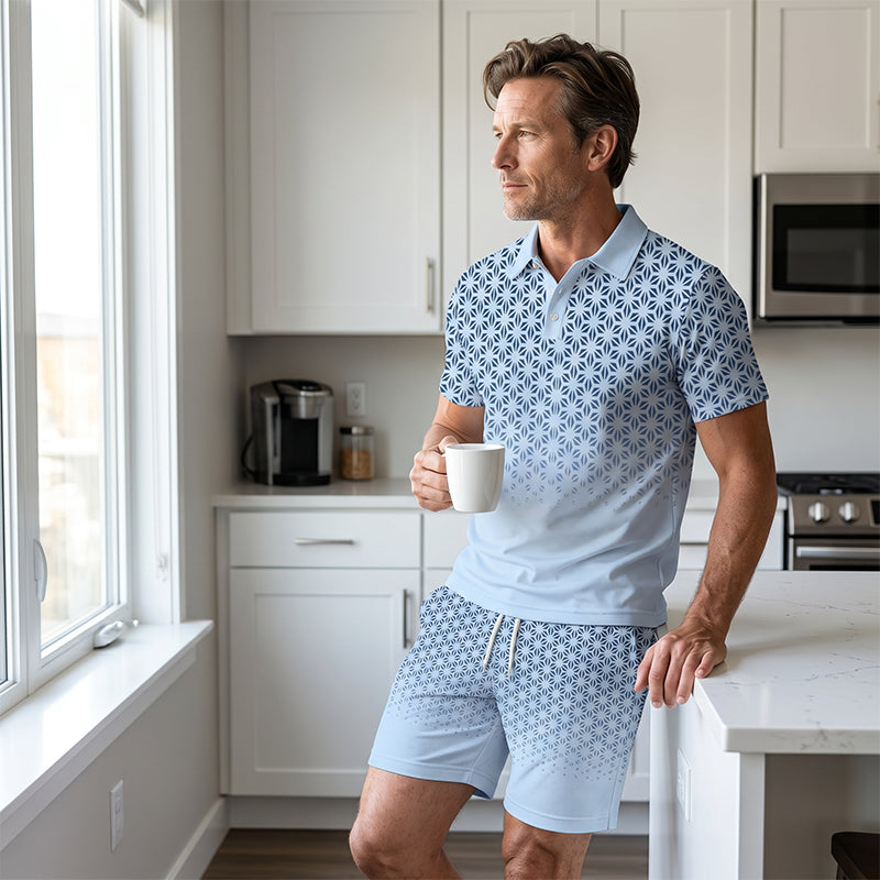 👕 Men's Geometric Print Collared Top & Shorts Set – Modern Pattern & Breathable Coordinated Look 🔷