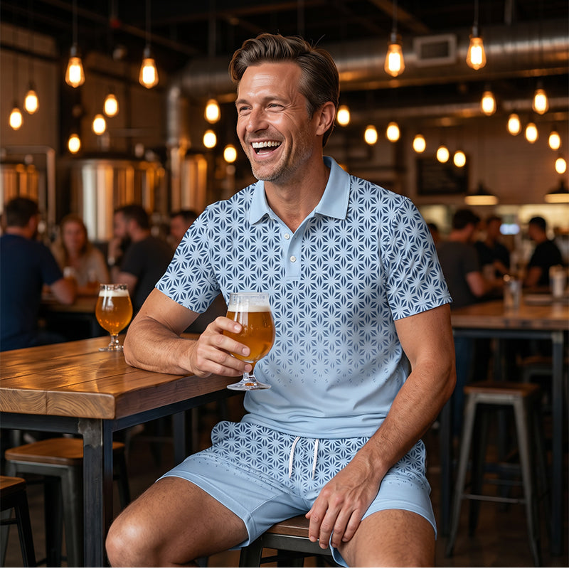 👕 Men's Geometric Print Collared Top & Shorts Set – Modern Pattern & Breathable Coordinated Look 🔷