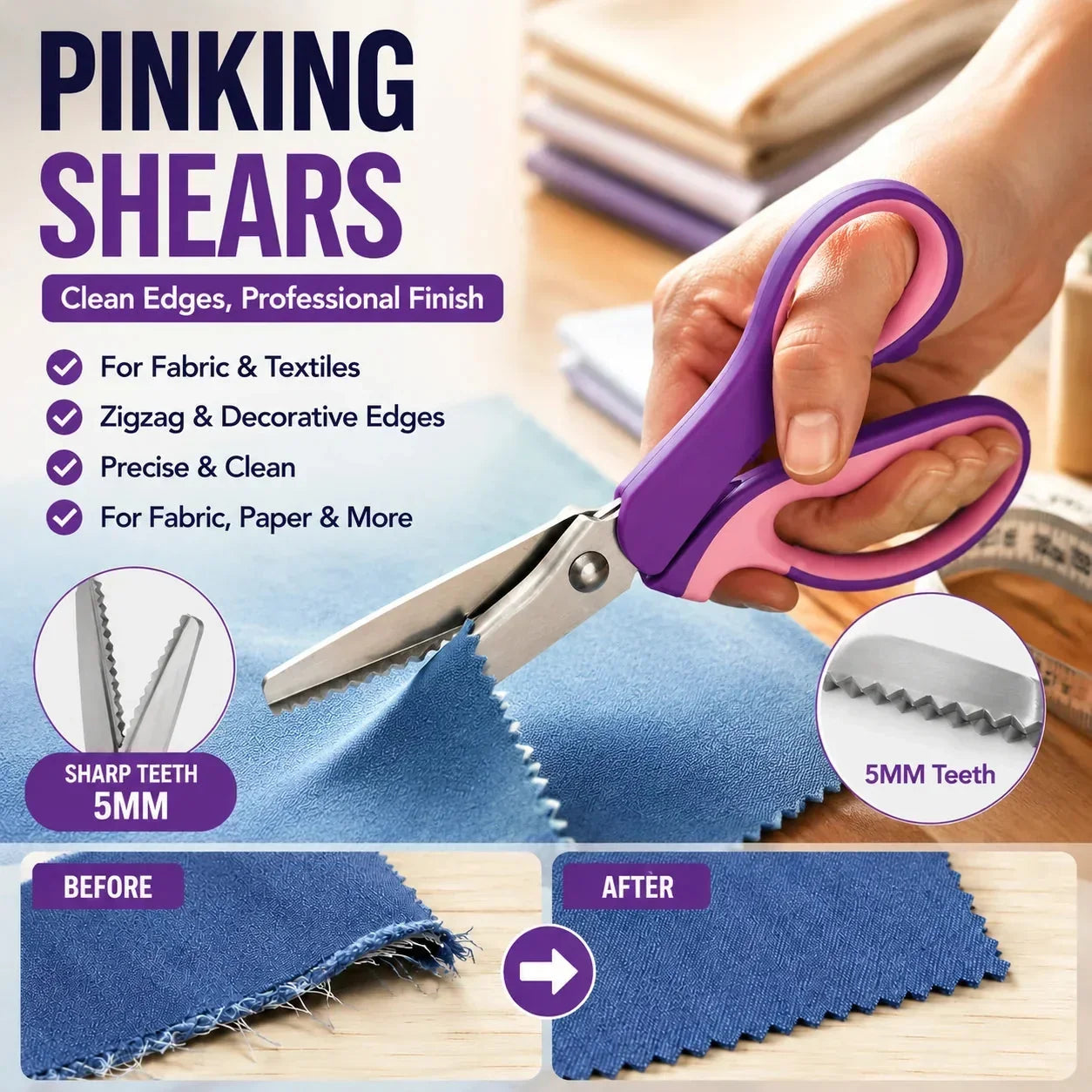 🧵 Premium Stainless Steel Pinking Shears – Ergonomic Soft-Grip, Zigzag Cut ✂️