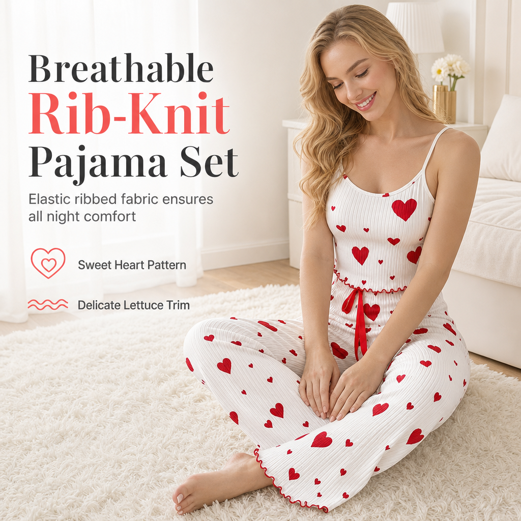 💖Womens 2 Piece Ribbed Pajama Set Heart Print Camisole Top and Long Pants Loungewear