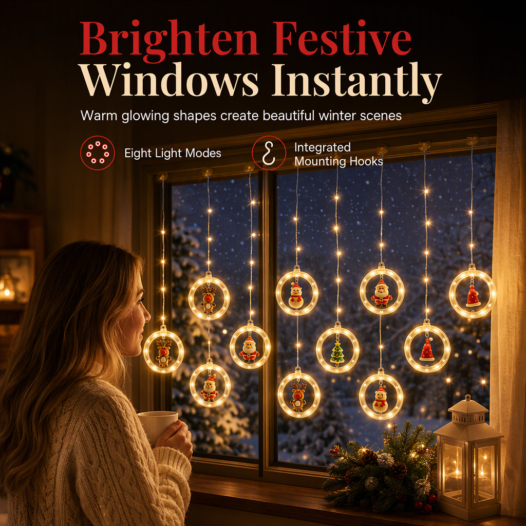 LED Christmas Icicle String Lights USB Powered Star and Christmas Tree Ring Hanging Lights for Holiday Window Decoration