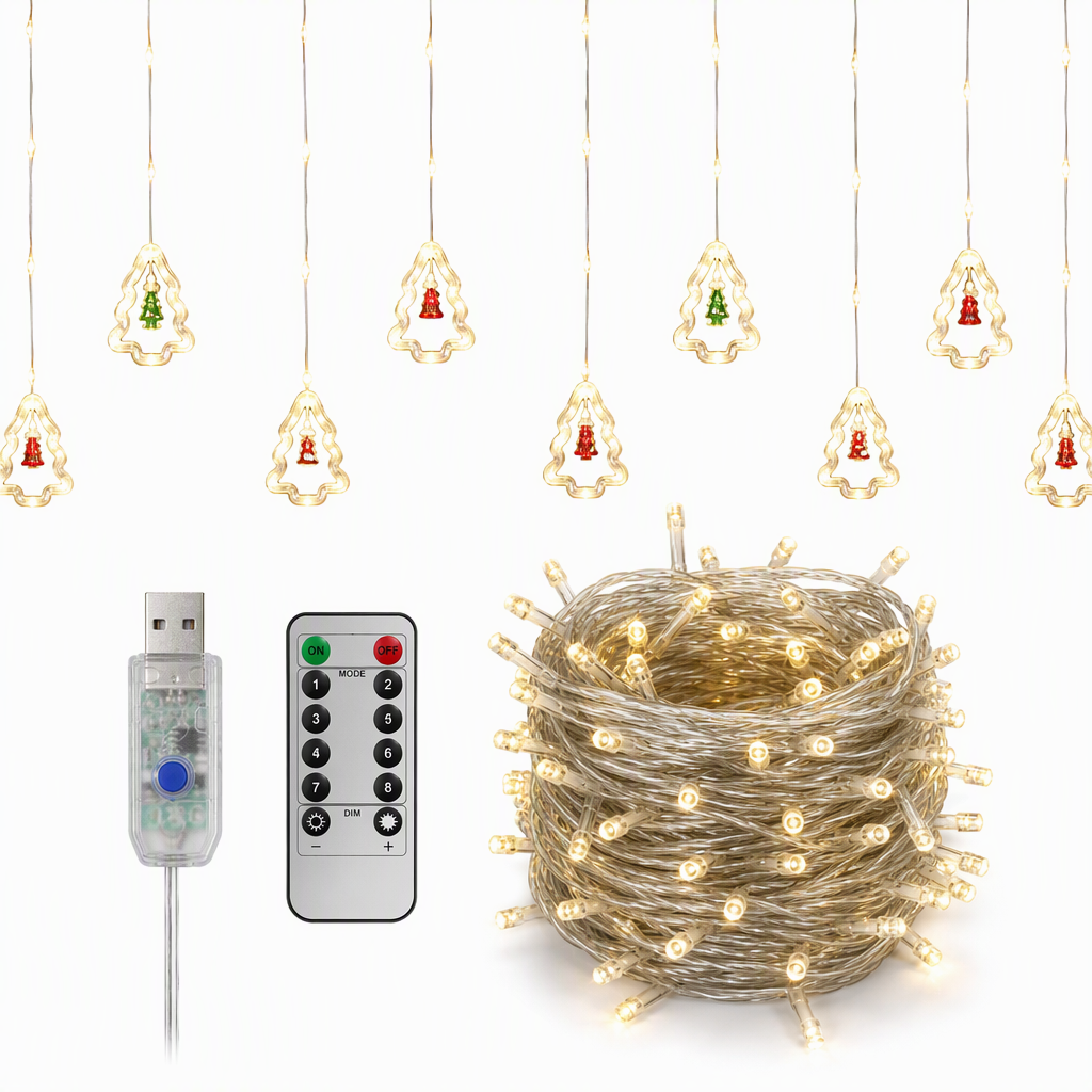 LED Christmas Icicle String Lights USB Powered Star and Christmas Tree Ring Hanging Lights for Holiday Window Decoration