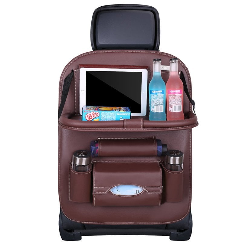 Car Back Seat Leather Organizer Storage Bag with Foldable Table