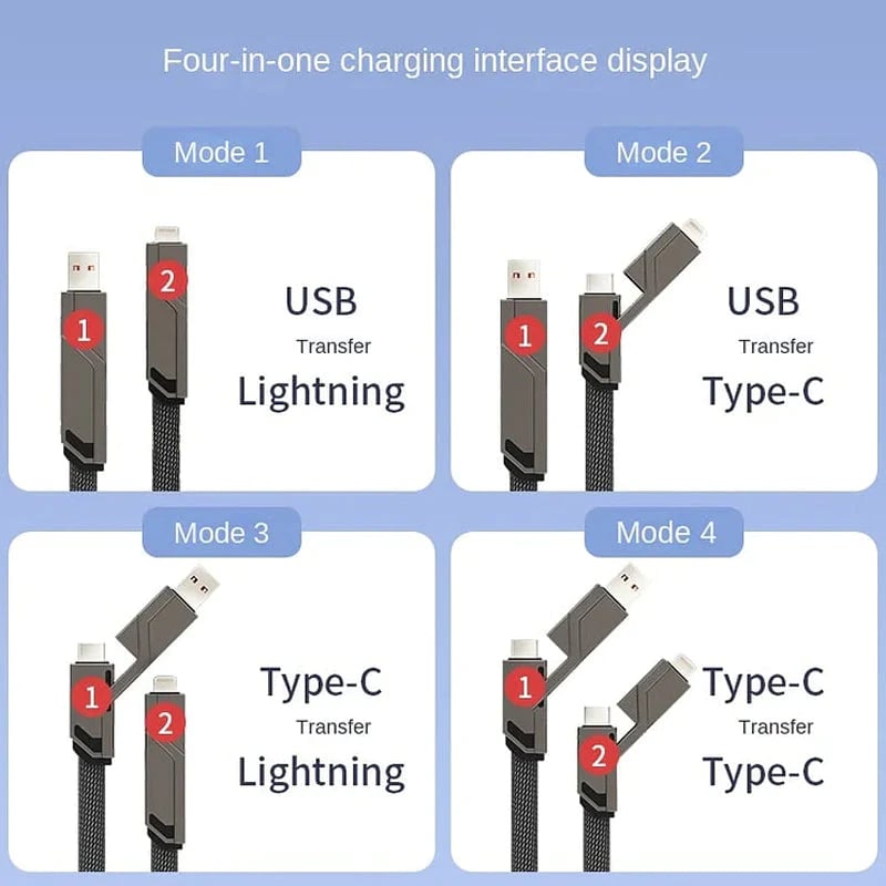 4-in-1 USB C Cable Lightning Cable 100W [Fast Charging & Data Sync] Flat Braided Multi iPad Charger Cord Combo Lightning/Type C/USB A Ports