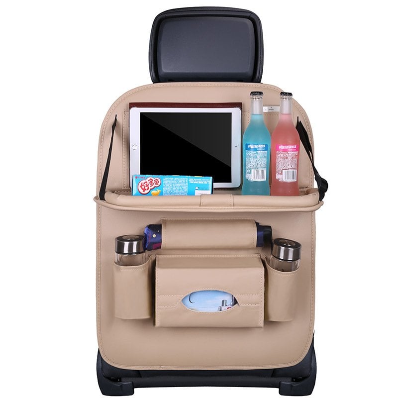 Car Back Seat Leather Organizer Storage Bag with Foldable Table