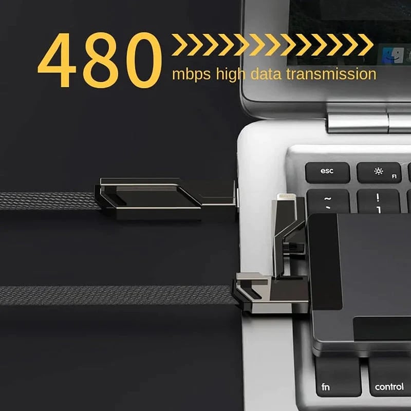 4-in-1 USB C Cable Lightning Cable 100W [Fast Charging & Data Sync] Flat Braided Multi iPad Charger Cord Combo Lightning/Type C/USB A Ports