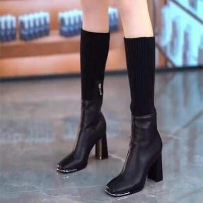 Fashion Stretch Knitted High Chunky Heel Boots for Women